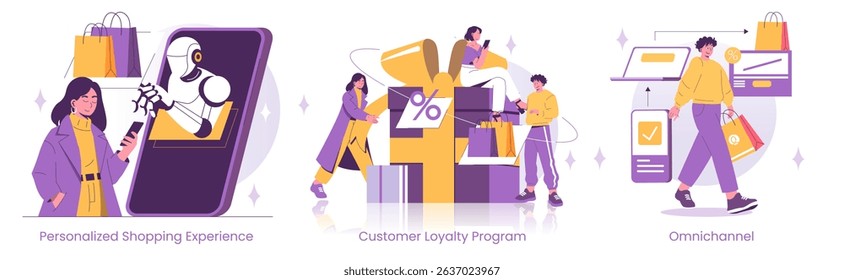 Vector illustration depicting personalized shopping with a robot assistant, customer loyalty programs, and omnichannel retail strategies. Features people interacting with technology and rewards.