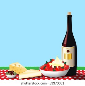 A vector illustration depicting a picnic on a gingham tablecloth. Space for text.