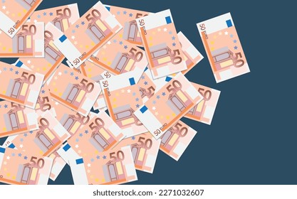 Vector illustration depicting a pile of 50 euro banknotes lying on a blue background
