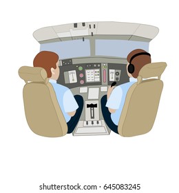 Vector illustration depicting pilots in an airplane from the back.