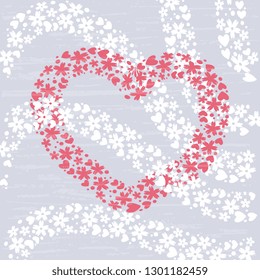 Vector illustration depicting a pink heart with a white floral pattern on a purple background, handmade, artistic, textured. Cute valentine day greeting card design.