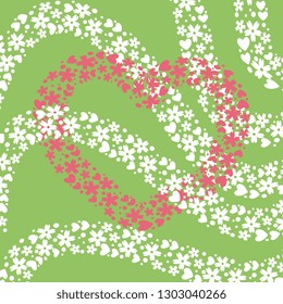Vector illustration depicting a pink heart with a white floral pattern on a green background, handmade, artistic. Bright Valentine's Day greeting card design template.