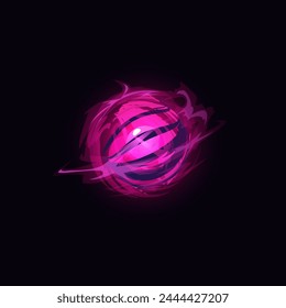 Vector illustration depicting a pink magical ball emitting energy flows. Magical shining sphere ideal for a fantasy element in game design, isolated on a black background.