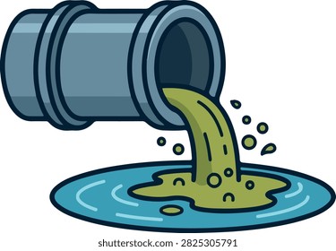 A vector illustration depicting a pipe discharging toxic green sludge into a pool of water, representing industrial pollution and environmental contamination.