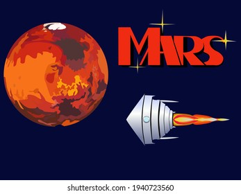 vector illustration depicting the planet Mars and a spaceship as a symbol of exploration and interplanetary travel