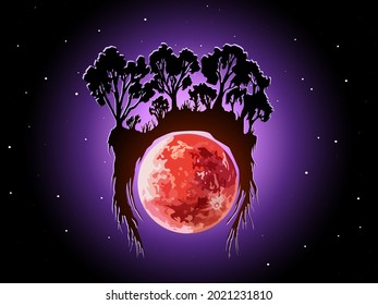 vector illustration depicting a planet in outer space and a silhouette of a forest in a fantastic style for prints in the design of interiors and illustrations for books, postcards and banners