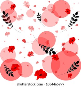 Vector illustration depicting plants (red poppies and black stems) combined with abstract circles