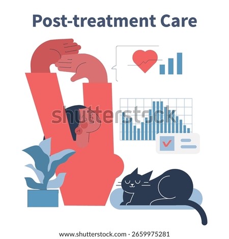 Vector illustration depicting post-treatment care with a relaxed person stretching arms, heart health chart, bar graph, and a serene cat, conveying recovery and wellness.