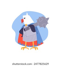 Ilustración vectorial que representa a un poderoso héroe de loro en un impermeable con una maza en las manos. Perfecto para conceptos de juego con guerras de animales de fantasía