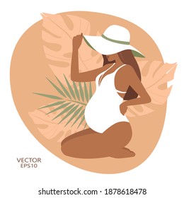 vector illustration depicting a pregnant girl. pregnancy. against the background of tropical plants. flat. wind silhouette pregnant
