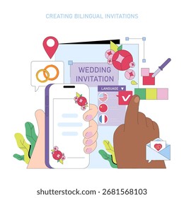 Ilustração vetorial representando o processo de criação de convites de casamento bilíngues. Mostra ícones para seleção de idioma, elementos de design digital e símbolos de comunicação.