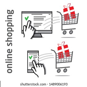 Vector illustration depicting the process of online shopping using a computer or mobile device. Isolated vector elements on a white background.
