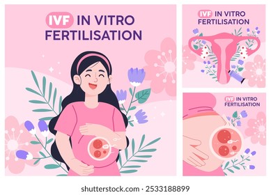 Uma ilustração vetorial representando o processo de fertilização in vitro, incluindo uma mulher, desenvolvimento embrionário e um diagrama científico enfatizando técnicas de fertilidade