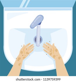 Vector illustration depicting process of washing hands in the sink.