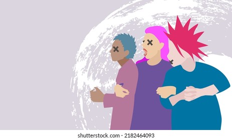 Vector illustration depicting the protest of extraordinary people with closed eyes and mouth. Three women with different skin colors are protesting.
