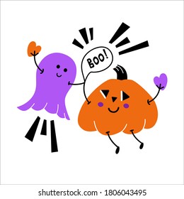 Vector illustration depicting a pumpkin and ghosts holding hands. With hearts in hands and an inscription boo