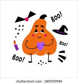 Vector illustration depicting a pumpkin with a heart in his hands. Halloween symbols are drawn around - a candle, a hat, a bat, a boo inscription. Poster, congratulations, postcard.