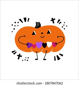 Vector illustration depicting a pumpkin with multicolored hearts in their hands. Top lettering inscription Happy Halloween.