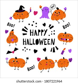 Vector illustration depicting pumpkins with symbols - candle, hat, bat, boo lettering and Happy Halloween. Poster, congratulations, postcard.