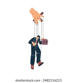 A vector illustration depicting a puppet character in a work suit with a briefcase in his bound hands illustrates toxic manipulative work communication