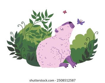 Ilustración vectorial que representa un capibara púrpura sobre un fondo de hierba verde y mariposas. Lindo capibara de vista lateral con la cabeza hacia arriba, perfecto para las tarjetas y pegatinas de los niños. Estilo plano de la historieta.