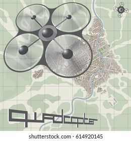 
Vector illustration depicting a quadcopter above a city map