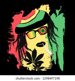 vector illustration depicting a rastaman with dreadlocks as a symbol of the Rastafarian subculture, and the image of Jha on background Flag colors of Jamaica