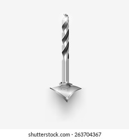 Vector illustration depicting realistic drill, drill a fragment of metal sheet.