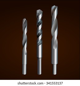 Vector illustration depicting realistic drill bit on a dark background. Set of three pieces.