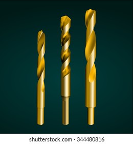 Vector illustration depicting realistic gold drill bit on a dark background. Set of three pieces.