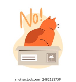 Vector illustration depicting a red cat sitting in a cardboard box from under a parcel. Sticker with a background and the words no Flat illustration on isolated background.