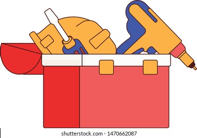 vector illustration depicting a red tool box in which are a multi-colored hand screwdriver, a construction helmet and a screwdriver, on a white background
