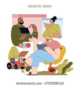 Ilustración vectorial que representa la colaboración en el trabajo remoto. Tres personas participaron en una reunión virtual. Uno usa una tableta, otro comparte un gráfico, todos aportan ideas e interactúan.