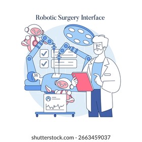 Ilustración vectorial que representa una interfaz de cirugía robótica con un cirujano que supervisa brazos robóticos que realizan un procedimiento médico. Incluye Elementos de tecnología médica y monitoreo de pacientes.