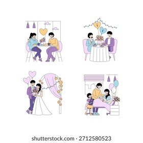 Ilustración vectorial que representa citas románticas, bodas y momentos familiares. Las escenas incluyen una cena de pareja, una celebración de bodas y una familia con un recién nacido, capturando el amor y la felicidad.