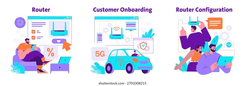 Vector illustration depicting router management, 5G network onboarding, and configuration. Scenes show users interacting with devices and software for efficient internet setup and monitoring.