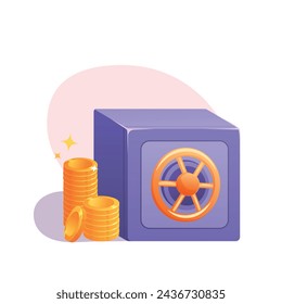 Ilustración vectorial que representa una caja fuerte con dinero sobre un fondo blanco. Pila de monedas. ingreso, inversión, ganancias.