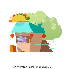 vector illustration depicting a salesman, a panda bear chef and his shop of Latin American food