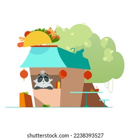 vector illustration depicting a salesman, a panda bear chef and his shop of Latin American food