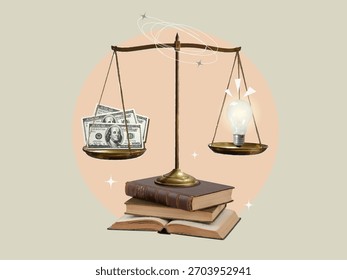 Una Ilustración vectorial que representa una balanza que equilibra el dinero y una bombilla de ideas, que simboliza la justicia financiera.