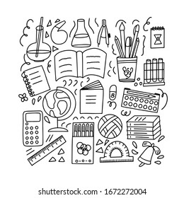 Vector illustration depicting school subjects in doodlestyle on a white background. For the design of prints on notebook, coloring.