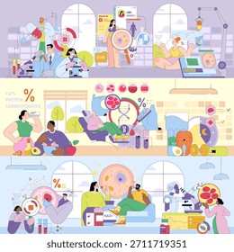 Ilustración vectorial que representa a científicos que analizan datos nutricionales e investigaciones de salud. Escenas de trabajo de laboratorio, equilibrio nutricional y tecnología destacan los conocimientos sobre la salud y el estilo de vida.