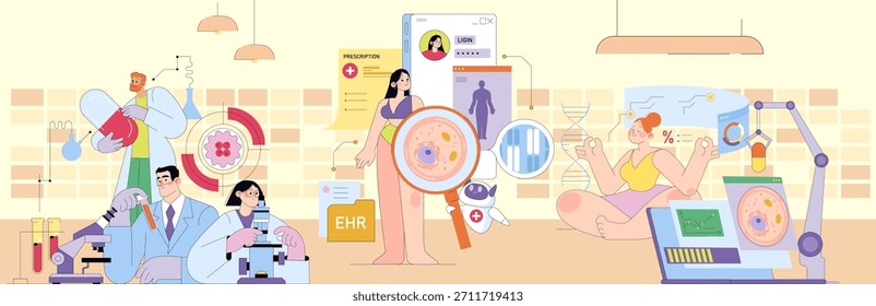 Vektorgrafik von Wissenschaftlern, die in der Forschung, Untersuchung von Daten und Experimentieren in einem Labor tätig sind. Die Szene umfasst Mikroskope, Tablets und digitale Krankenakten.