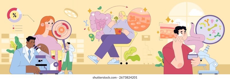 Ilustración vectorial que representa a científicos examinando muestras biológicas bajo un microscopio. Muestra la investigación y el análisis en un entorno de laboratorio con diversos equipos científicos.