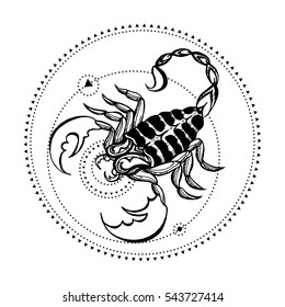 Vector illustration depicting a scorpion. Cover for calendars, notebooks, books. Tattoo. Printing on T-shirts, souvenirs, mugs. Astrology, totem animal, symbolism, spirituality, mysticism, style.