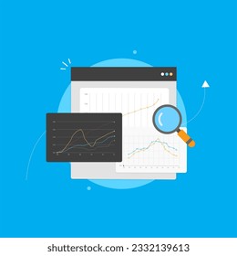 Vector illustration depicting SEO data analysis and a digital marketing report, showcasing performance metrics and web analytics.