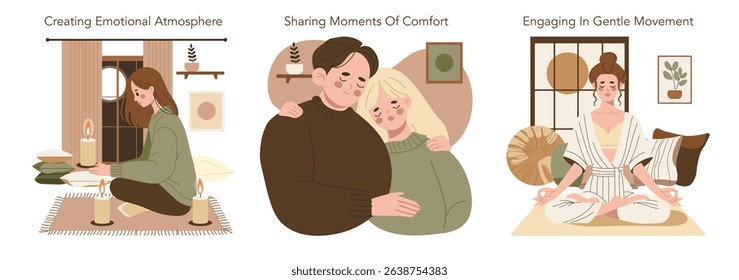 Vector illustration depicting a serene scene of a woman arranging a calming atmosphere with candles, a couple embracing in comfort, and another individual meditating peacefully.