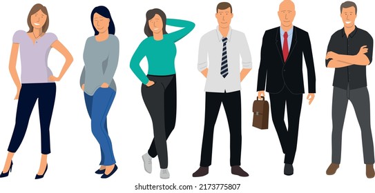 vector illustration depicting a set of characters, women and men office workers, business men and women, isolated on white background
