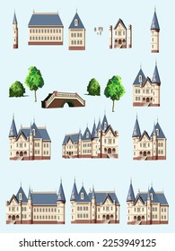 vector illustration depicting a set of houses, palaces, towers, bridges and other elements of parks in a fabulous colonial style to create and design other illustrations in vintage style