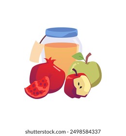 Vector illustration depicting a set of a jar of honey, apple and pomegranate on an isolated background. Traditional Rosh Hashanah elements in flat cartoon style.